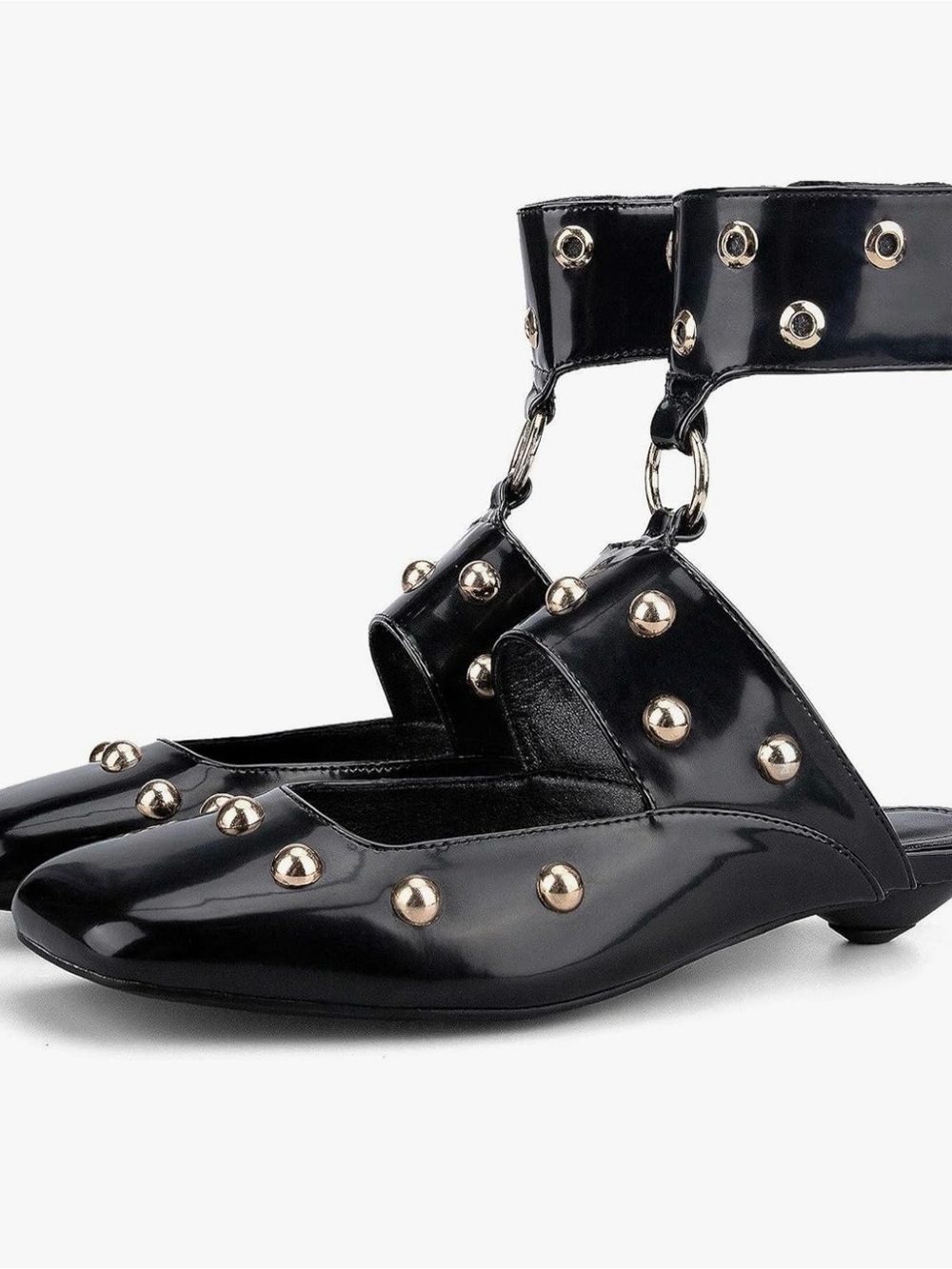 Black Patent Studded Ankle-Strap Flats